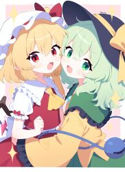  2girls ascot back_bow black_hat blonde_hair blush bow buttons collared_shirt commentary_request crystal crystal_wings diamond_button disembodied_linked_eye eyeball fang flandre_scarlet frilled_shirt_collar frilled_sleeves frills green_eyes green_hair green_skirt hair_between_eyes hat hat_bow highres hug komeiji_koishi long_sleeves looking_at_viewer masakamea mob_cap multicolored_wings multiple_girls one_side_up open_mouth red_bow red_eyes red_skirt red_vest shirt skin_fang skirt skirt_set sleeve_bow smile sparkle touhou twitter_username vest white_bow white_hat white_shirt wide_sleeves wings yellow_ascot yellow_bow yellow_shirt yuri 