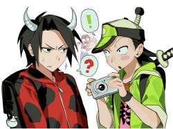 ! 1girl 2boys ? ^^^ ace_attorney ace_attorney_investigations ace_attorney_investigations_2:_prosecutor's_gambit animal_charm animal_print annoyed backpack bag bag_charm black_bag black_hair black_shoes blue_pants brown_vest camera character_request charm_(object) child clenched_teeth clothes_writing cow cow_horns cow_print eye_contact fake_horns forehead furrowed_brow glasses green_hat green_jacket hair_through_headwear hat highres holding holding_camera hood hooded_jacket horns jacket katana long_sleeves looking_at_another male_focus medium_hair motion_lines multiple_boys name_tag opaque_glasses open_clothes open_jacket open_vest pants pink_shirt print_shirt reaching red_jacket saman_zero7 shaun_fenn shirt shoes short_hair short_sleeves simple_background speech_bubble spiky_hair spoken_exclamation_mark spoken_question_mark surprised sweatdrop sword sword_on_back teeth topknot two-tone_hat upper_body v-shaped_eyebrows vest visor_cap weapon weapon_on_back white_background white_hat white_horns white_shirt wide-eyed wristband zipper zipper_pull_tab 