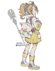  1girl 2026 ahoge animal_bag animal_ear_headphones animal_ears backpack bag bandaid bandaid_on_leg blonde_hair boots brown_eyes cat_bag cat_ear_headphones cat_ears coat commentary_request dated dissidia_duellum_final_fantasy dissidia_final_fantasy fake_animal_ears final_fantasy final_fantasy_v full_body hair_ornament headphones highres holding holding_staff krile_mayer_baldesion_(ff5) krile_mayer_baldesion_(mog_&amp;_me)_(ff5) long_hair looking_at_viewer mayumaro0129 moogle multicolored_boots multicolored_coat official_alternate_costume parted_bangs parted_lips ponytail solo staff standing twintails two-tone_boots two-tone_coat white_background white_boots x_hair_ornament yellow_boots yellow_coat 