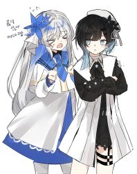  >_< 2girls alternate_color beret black_flower black_hair black_ribbon black_shirt black_sleeves blue_eyes blue_flower blue_hair blue_necktie blue_skirt capelet choker closed_eyes coat collared_coat collared_shirt commentary_request cowboy_shot crossed_arms crown flower flower-trimmed_sleeves gradient_hair hair_flower hair_ornament hat hat_flower hat_ribbon highres inverted_colors layered_skirt long_hair long_skirt long_sleeves mahou_shoujo_no_majo_saiban mini_crown multicolored_hair multiple_girls neck_ribbon necktie nikaido_hiro open_mouth overskirt pantyhose ribbon sakuraba_ema shirt short_hair side_capelet simple_background skirt sleeveless sleeveless_coat tm21 white_background white_capelet white_choker white_coat white_hair white_hat white_pantyhose white_shirt white_skirt x_hair_ornament 
