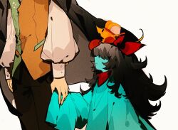  2girls aislan animal_ears aqua_(deltarune) aqua_dress aqua_skin bandana black_hair bow boxing_gloves coat coat_on_shoulders colored_skin covered_eyes deltarune dress flowery_(deltarune) frown green_vest hair_bow holding_hands long_hair looking_at_another mouse_(animal) mouse_ears multicolored_vest multiple_girls orange_(deltarune) orange_vest red_bow simple_background sleeves_past_fingers sleeves_past_wrists tail two-tone_vest utdr_(toby_fox) vest white_background 