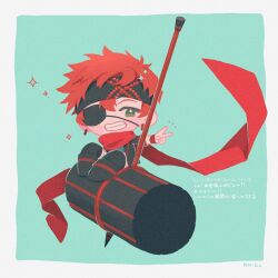  1boy an-ko_(ankoankoazuki) artist_name black_boots black_headband black_jacket black_order_uniform blue_shirt blush blush_stickers boots border chibi chibi_only colored_eyebrows d.gray-man earrings eyepatch floating_scarf giant_hammer green_background green_eyes grey_border grin hair_between_eyes hammer headband hoop_earrings jacket jewelry knee_boots lavi long_sleeves looking_at_viewer male_focus one_eye_covered open_clothes open_jacket outside_border pants parted_lips red_hair red_scarf scarf shirt short_hair sidelocks signature simple_background sitting sitting_on_object sleeves_rolled_up smile solo sparkle spiky_hair striped_clothes striped_headband striped_jacket v vertical-striped_clothes vertical-striped_headband vertical-striped_jacket waistband white_pants 