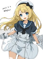  1girl :d absurdres bigkwl black_bow black_neckerchief blonde_hair blue_eyes blue_sailor_collar blush bow buttons collarbone commentary cowboy_shot cropped_jacket dated dated_commentary double-breasted dress gloves hair_intakes hat hat_bow highres jacket jervis_(kancolle) kantai_collection long_hair looking_at_viewer neckerchief one-hour_drawing_challenge open_mouth parted_bangs rigging sailor_collar short-sleeved_jacket short_dress short_sleeves sidelocks simple_background smile solo twitter_username white_background white_dress white_gloves white_hat 