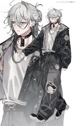  1boy chain chain_necklace commentary daimaou_ruaeru denim full_body green_eyes highres jacket jeans jewelry male_focus necklace original pale_skin pants shirt simple_background tagme torn_clothes torn_jeans torn_pants untranslatable_commentary white_background white_hair white_shirt 
