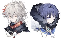  2boys alternate_hairstyle bishounen black_scarf blue_gem blue_scarf blunt_ends chinese_knot closed_mouth cropped_head crossed_bangs expressionless eyeliner fur-trimmed_hood fur_trim gem genshin_impact gold hair_between_eyes hair_intakes haori_himo high_ponytail highres hood hood_down kaedehara_kazuha looking_at_viewer makeup multicolored_hair multiple_boys official_alternate_costume orange_eyes pom_pom_(clothes) ponytail purple_hair red_eyeliner red_hair scaramouche_(genshin_impact) scarf streaked_hair tsurime violet_eyes wanderer_(genshin_impact) wanderer_(nord_express)_(genshin_impact) white_background white_hair white_hood winter_clothes wispy_bangs yue18yi 