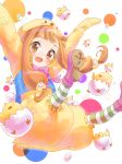  1girl animal_costume bird bow brown_eyes brown_hair chick chick_costume egg highres hiyokotori ichihara_nina idolmaster idolmaster_cinderella_girls open_mouth polka_dot polka_dot_background smile star striped striped_legwear 