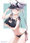  1girl bare_shoulders black_bra black_panties blue_eyes blush bra breast_hold breasts cat_lingerie collarbone graf_zeppelin_(kantai_collection) hat hat_tip highres kantai_collection kyo_(kyo21413) large_breasts military_hat navel panties peaked_cap silver_hair solo twintails twitter_username underwear wavy_mouth 