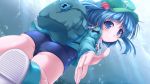  1girl ass backpack bag blue_eyes blue_hair boots bubble hair_bobbles hair_ornament hat highres kawashiro_nitori long_sleeves looking_at_viewer lzh no_pants outstretched_hand rubber_boots school_swimsuit shirt smile solo swimsuit swimsuit_under_clothes touhou twintails underwater 