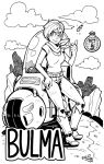  1girl artist_name boots breasts bulma capsule character_name cleavage clouds dated dragon_ball dragon_ball_super dragon_radar full_body hand_on_hip mike_luckas monochrome neckerchief short_hair signature smile solo thumbs_up vehicle 