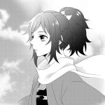  1boy bow hair_bow haori japanese_clothes male_focus mole mole_under_eye monochrome ponytail rio_(rio_01) scarf touken_ranbu upper_body yamato-no-kami_yasusada 