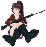  1girl alternate_costume alternate_hairstyle artist_request battle_rifle black_legwear bullet buttons fal_(upotte!!) fn_fal fn_fal_(upotte!!) gun hk33e_(upotte!!) jacket l1a1 long_socks looking_to_the_side magazine_(weapon) magazine_ejection purple_hair red_jacket rifle school_uniform thigh-highs undershirt upotte!! weapon yellow_eyes 