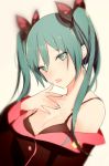  1girl :o :p aqua_eyes aqua_hair aqua_nails bare_shoulders beige_background black_bra black_jacket blush bra breasts butterfly_hair_ornament cleavage collarbone finger_to_mouth hair_ornament hatsune_miku head_tilt jacket long_hair long_sleeves looking_at_viewer nail_polish off_shoulder project_diva_(series) project_diva_f short_hair simple_background solo sweet_devil_(vocaloid) tongue tongue_out tsurime twintails underwear upper_body vocaloid 