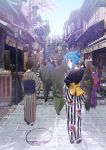  alternate_hairstyle architecture blue_eyes blue_hair building cherry_blossoms domo1220 east_asian_architecture from_behind hatsune_miku japanese_clothes kimono kyoto looking_at_viewer looking_back obi real_world_location sash smile stairs vocaloid 