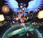  1girl antenna_hair blue_hair boots breasts dual_wielding elbow_gloves explosion feathered_wings forehead_protector garter_straps gatling_gun gloves gun highres knee_boots kos-mos large_breasts lips long_hair minigun over-kneehighs red_eyes revealing_clothes ryu_shou solo space_craft thigh-highs under_boob weapon wings xenosaga xenosaga_episode_iii 