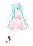  1girl blue_eyes blue_hair dress hatsune_miku highres long_hair lqk_jing_jia pink_dress simple_background socks solo twintails very_long_hair vocaloid white_background 
