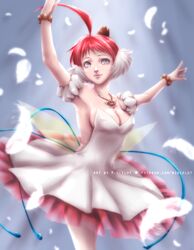  1girl ahoge armpits arms_up ballerina bare_shoulders blue_eyes bracelet breasts cleavage crown dancing detached_sleeves dress feathers huge_ahoge impossible_clothes impossible_dress jewelry mincelot mini_crown multicolored_hair necklace pink_hair princess_tutu princess_tutu_(character) puffy_sleeves short_hair sideboob smile solo strapless strapless_dress watermark white_hair 