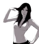  1girl black_hair contrapposto cross cross_necklace hand_in_hair hand_on_hip hand_up highres lips long_hair looking_at_viewer monochrome original poaro simple_background sketch solo tank_top white_background 