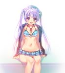  1girl :d bangs bikini blurry breasts collarbone depth_of_field eyebrows eyebrows_visible_through_hair frilled_bikini frills groin hair_ornament jacket_on_shoulders long_hair looking_at_viewer miwabe_sakura navel neck_ribbon new_game! open_mouth plaid plaid_bikini purple_hair ribbon sitting small_breasts smile solo suzukaze_aoba swimsuit teeth twintails violet_eyes 