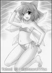  1girl bikini bow cirno graphite_(medium) hair_bow ice ice_wings kneeling monochrome nightmare77zx salute swimsuit touhou traditional_media wings 