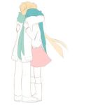  1boy 1girl blonde_hair boots hatsune_miku hug jacket kagamine_len kneehighs long_hair pants partially_colored pink_skirt scarf simple_background skirt standing twintails vocaloid white_background 