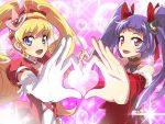  2girls :d asahina_mirai black_hat blonde_hair bow choker cure_magical cure_miracle earrings elbow_gloves gloves hair_bow hairband hat heart heart_hands heart_hands_duo holding_hands izayoi_liko jewelry light_particles long_hair looking_at_viewer magical_girl mahou_girls_precure! mini_hat mini_witch_hat multiple_girls open_mouth pink_background pink_hat precure purple_hair red_bow ruby_style smile sparkle tom_(drpow) twintails upper_body violet_eyes white_gloves witch_hat 