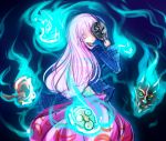  1girl blue_fire commentary_request dress empty_eyes fire hata_no_kokoro long_hair looking_at_viewer looking_back mask no_nose pink_dress pink_eyes raptor7 shaded_face touhou 