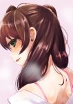  0141zucker 1girl bare_shoulders blush bra brown_hair green_eyes highres long_hair looking_at_viewer looking_back off_shoulder open_mouth smile solo tamasaka_makoto tokyo_7th_sisters underwear undressing 
