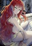  braid breasts castle green_eyes hand_to_own_mouth looking_at_viewer looking_up night redhead rinhachi sideboob sitting thigh_strap tree wariza 