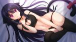  1girl :3 ao_no_kanata_no_four_rhythm bell bell_collar black_bra black_hair black_legwear black_panties blush bra cat_cutout cat_ear_panties cat_lingerie cat_tail collar highres jingle_bell kazenokaze long_hair looking_at_viewer lying navel off_shoulder on_back panties red_ribbon ribbon side-tie_panties solo tail tail_ribbon thigh-highs tobisawa_misaki underwear underwear_only untied very_long_hair violet_eyes 