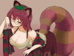  1girl animal_ears beige_shirt bent_over breasts brown_hair brown_skirt checkered_clothing cleavage collarbone futatsuiwa_mamizou glasses half-closed_eyes hand_up hanging_breasts highres kakone large_breasts leaf leaf_on_head long_skirt looking_at_viewer raccoon_ears raccoon_tail red_eyes seductive_smile semi-rimless_glasses shiny shiny_hair shiny_skin short_hair simple_background skirt sleeveless smile solo tail touhou under-rim_glasses 