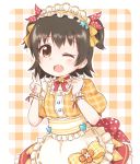  1girl :d akagi_miria apron araki495 bell bell_collar black_hair bow brown_eyes checkered checkered_background clenched_hand collar dress idolmaster idolmaster_cinderella_girls maid_apron maid_headdress one_eye_closed open_mouth polka_dot polka_dot_bow short_twintails smile solo twintails v 