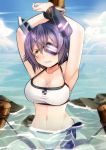  1girl armpits bdsm bikini blush bondage bound breasts checkered_necktie cleavage eyepatch headgear highres kantai_collection large_breasts midriff nature navel necktie ocean purple_hair restrained short_hair solo swimsuit tenryuu_(kantai_collection) water yasume_yukito yellow_eyes 