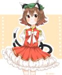  1girl :3 animal_ears brown_hair cat_ears chen egret hat highres long_sleeves looking_at_viewer mob_cap multiple_tails ribbon short_hair smile tail touhou 