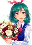  1girl bouquet brown_eyes flower green_hair hairband idolmaster idolmaster_million_live! ima_(lm_ew) open_mouth smile solo tokugawa_matsuri 