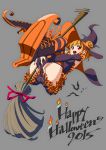  1girl 2015 bat boots broom broom_riding candle cross-laced_footwear grey_background halloween happy_halloween iseki_shuuichi lace-up_boots looking_at_viewer orange_hair original pointy_shoes red_eyes shoes simple_background smile striped striped_legwear thigh-highs witch 