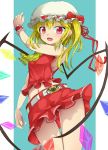  1girl ass_visible_through_thighs bare_arms bare_shoulders belt blonde_hair flandre_scarlet hat hat_ribbon long_hair looking_at_viewer midriff mob_cap navel open_mouth red_eyes ribbon shirt side_ponytail skirt skirt_set sleeveless sleeveless_shirt smile solo thighs touhou upskirt uumaru1869 wings wrist_cuffs 