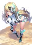 1girl angela_balzac bent_over blonde_hair blue_eyes boots breasts detached_sleeves h_kasei headgear knee_boots large_breasts leotard long_hair low_twintails rakuen_tsuihou silver_hair smile solo thighs twintails very_long_hair 