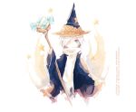  1boy artist_name character_name cookie_run copyright_name grey_eyes hat holding holding_staff male_focus nabeia robe scarf smile solo staff star twitter_username watermark white_hair wizard_cookie wizard_hat 