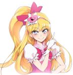  1girl asahina_mirai blonde_hair bow bracelet cure_miracle earrings gloves hair_bow hairband jewelry long_hair looking_at_viewer mahou_girls_precure! precure sian side_ponytail simple_background smile solo violet_eyes white_background white_gloves 