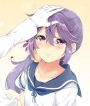  1girl admiral_(kantai_collection) akebono_(kantai_collection) bell blush clothes_grab commentary_request flower gloves hair_bell hair_flower hair_ornament hand_on_another&#039;s_head highres jingle_bell kantai_collection long_hair mishin_(mbmnk) petting purple_hair school_uniform serafuku side_ponytail solo_focus tears very_long_hair violet_eyes white_gloves 