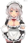  1girl alternate_costume alternate_headwear apron blue_eyes blush breasts cup detached_collar edel_(edelcat) enmaided frills garter_straps highres kantai_collection kashima_(kantai_collection) large_breasts looking_at_viewer maid maid_apron maid_headdress open_mouth puffy_short_sleeves puffy_sleeves short_sleeves silver_hair simple_background skirt solo teacup teapot thigh-highs tsurime twintails twitter_username uniform wavy_hair white_background 