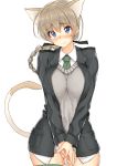  1girl animal_ears blue_eyes blush body_mahattaya_ginga braid breasts brown_hair cat_ears hair_ribbon hands_together large_breasts looking_at_viewer lynette_bishop necktie ribbon single_braid smile solo strike_witches sweater_vest tail thigh-highs uniform v_arms 