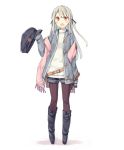 1girl bag boots buttons cabbie_hat camera fanny_pack female full_body hat holding holding_hat jacket long_hair long_sleeves looking_at_viewer open_mouth original pantyhose pink_scarf poco_(asahi_age) red_eyes scarf shorts simple_background solo standing white_background white_hair 