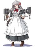  1girl alternate_costume apron bow egg enmaided kantai_collection kashima_(kantai_collection) loafers looking_at_viewer maid maid_apron maid_headdress shoes sidelocks silver_hair solo tatsumi_rei tray twintails wavy_hair 