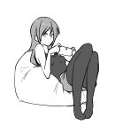  1girl absurdres bean_bag_chair black_legwear borrowed_character character_request greyscale handheld_game_console highres knees_up legwear_under_shorts long_hair looking_at_viewer monochrome original pantyhose playstation_vita poaro shorts simple_background sitting sketch solo tank_top white_background 
