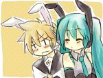  1boy 1girl animal_ears aqua_hair bare_shoulders blonde_hair blush detached_sleeves hatsune_miku headphones hikusa kagamine_len long_hair necktie no_nose rabbit_ears short_hair smile twintails vocaloid 