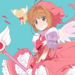  1girl brown_hair cardcaptor_sakura fuuin_no_tsue gloves green_eyes hat kero kinomoto_sakura magical_girl pink_hat puffy_sleeves short_hair smile wand white_gloves yuuki_(irodo_rhythm) 