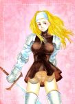  1girl armor blonde_hair breasts brown_eyes dress final_fantasy final_fantasy_tactics gauntlets gloves kikimimi_612 long_hair solo squire_(fft) sword weapon 