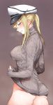  1girl ass blonde_hair blush breasts clenched_teeth dress dress_lift from_behind graf_zeppelin_(kantai_collection) grey_eyes hat highres kantai_collection large_breasts long_hair looking_at_viewer looking_back naked_sweater no_panties peaked_cap ponytail sidelocks simple_background solo sweater sweater_dress teeth turtleneck yakitomeito 