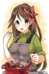  1girl absurdres alternate_costume amagi_(kantai_collection) apron brown_eyes brown_hair commentary_request cooking edel_(edelcat) flower green_sweater hair_between_eyes hair_flower hair_ornament highres jewelry kantai_collection leaf leaf_hair_ornament long_hair looking_at_viewer maple_leaf mole mole_under_eye open_mouth ponytail pot ribbed_sweater ring sleeves_rolled_up smile spoon steam stove sweater twitter_username 